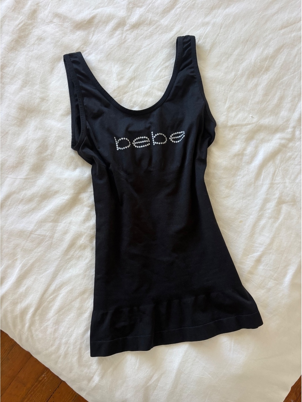 bebe Black Sleeveless Logo Tank Top, Fitted Scoop Neck, Size Small